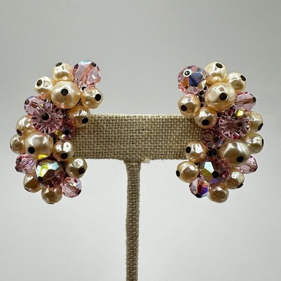 Vintage Laguna Pink Aurora Borealis crystal and Faux Pearl clip on earrings!